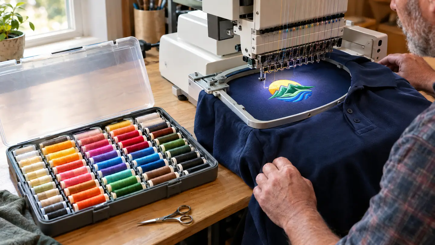An open thread kit with rows of spools beside an embroidery machine sewing a design into a shirt