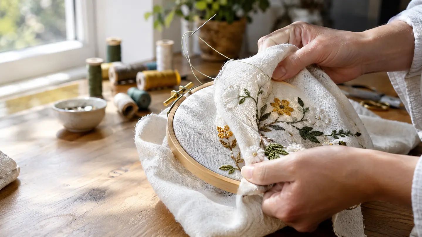 Hands pulling a finished embroidered towel out of a hoop on a work table