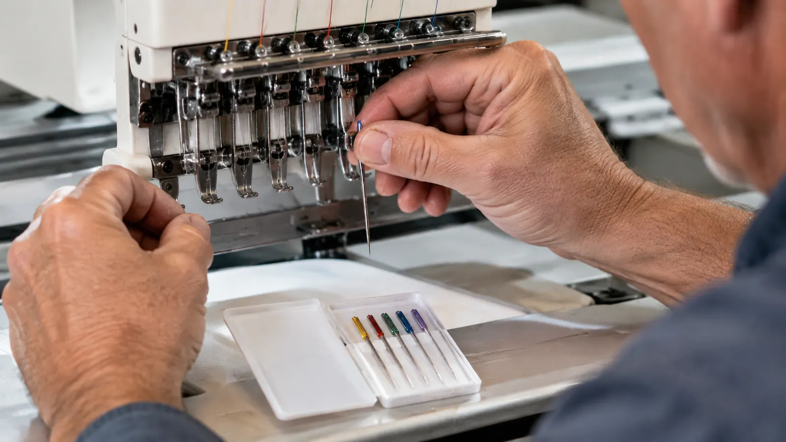 Hand changing a needle on an embroidery machine with a five-needle card resting on the machine bed