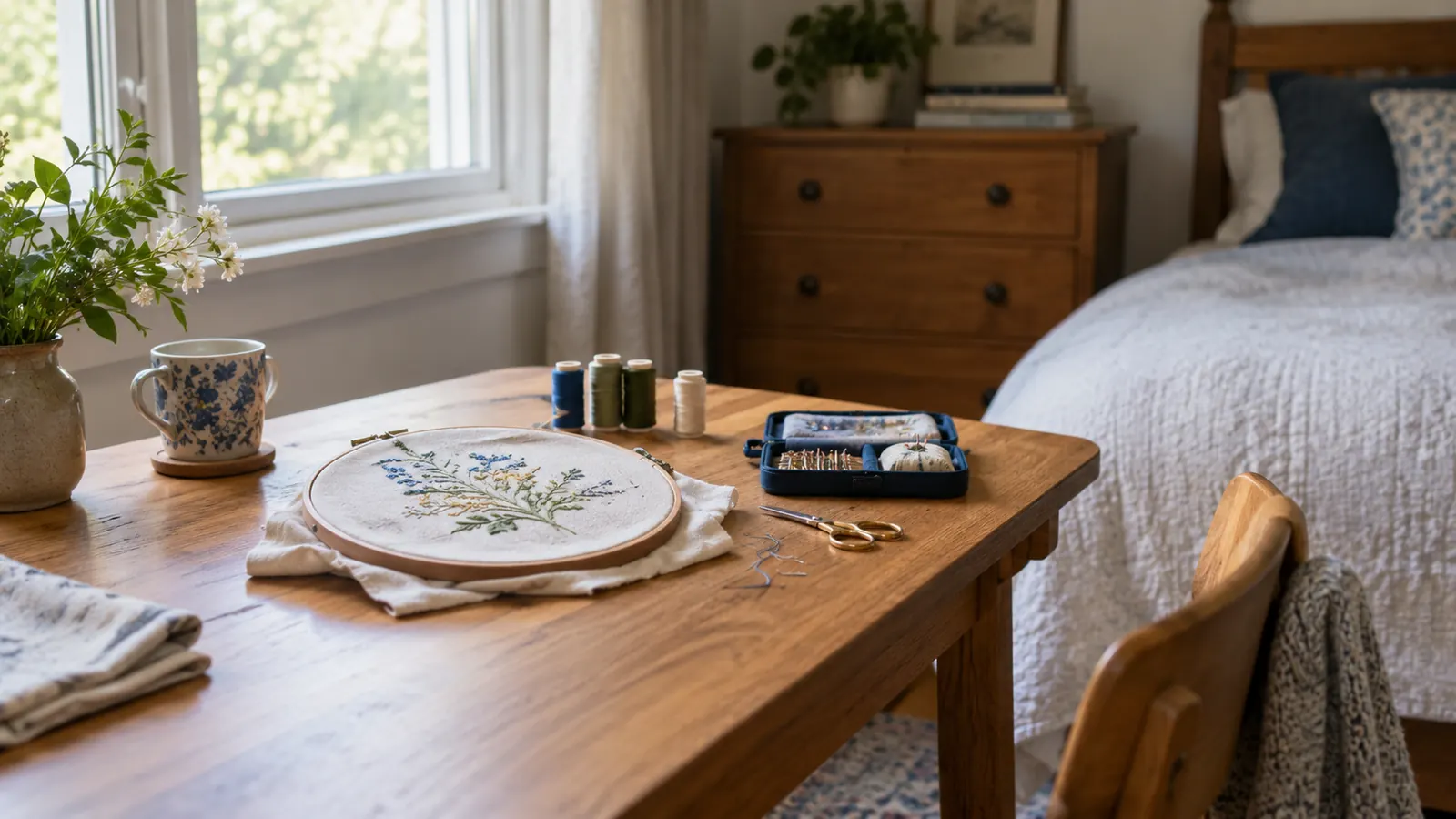Worktable in a spare bedroom with hooped fabric, thread spools and scissors