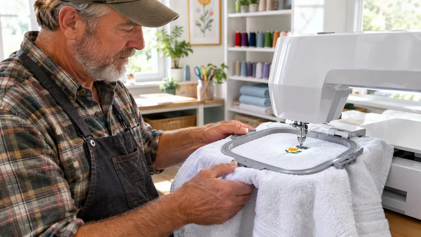 A magnetic embroidery hoop holding a bath towel under the needle of an embroidery machine