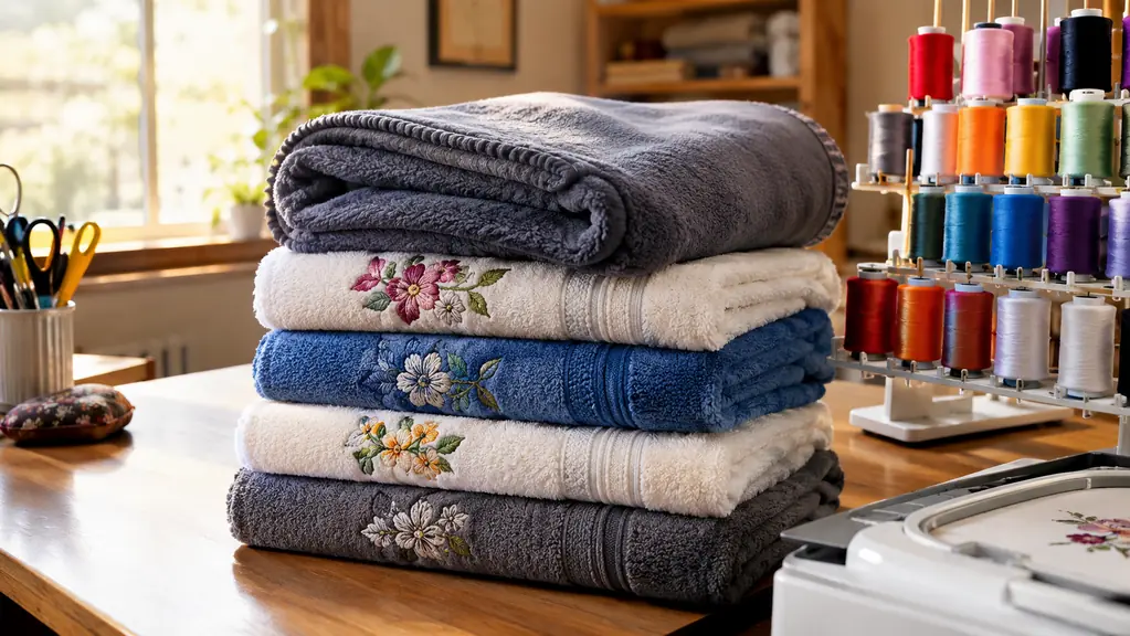 A neat stack of embroidered towels and a folded fleece blanket on a work table beside a thread stand