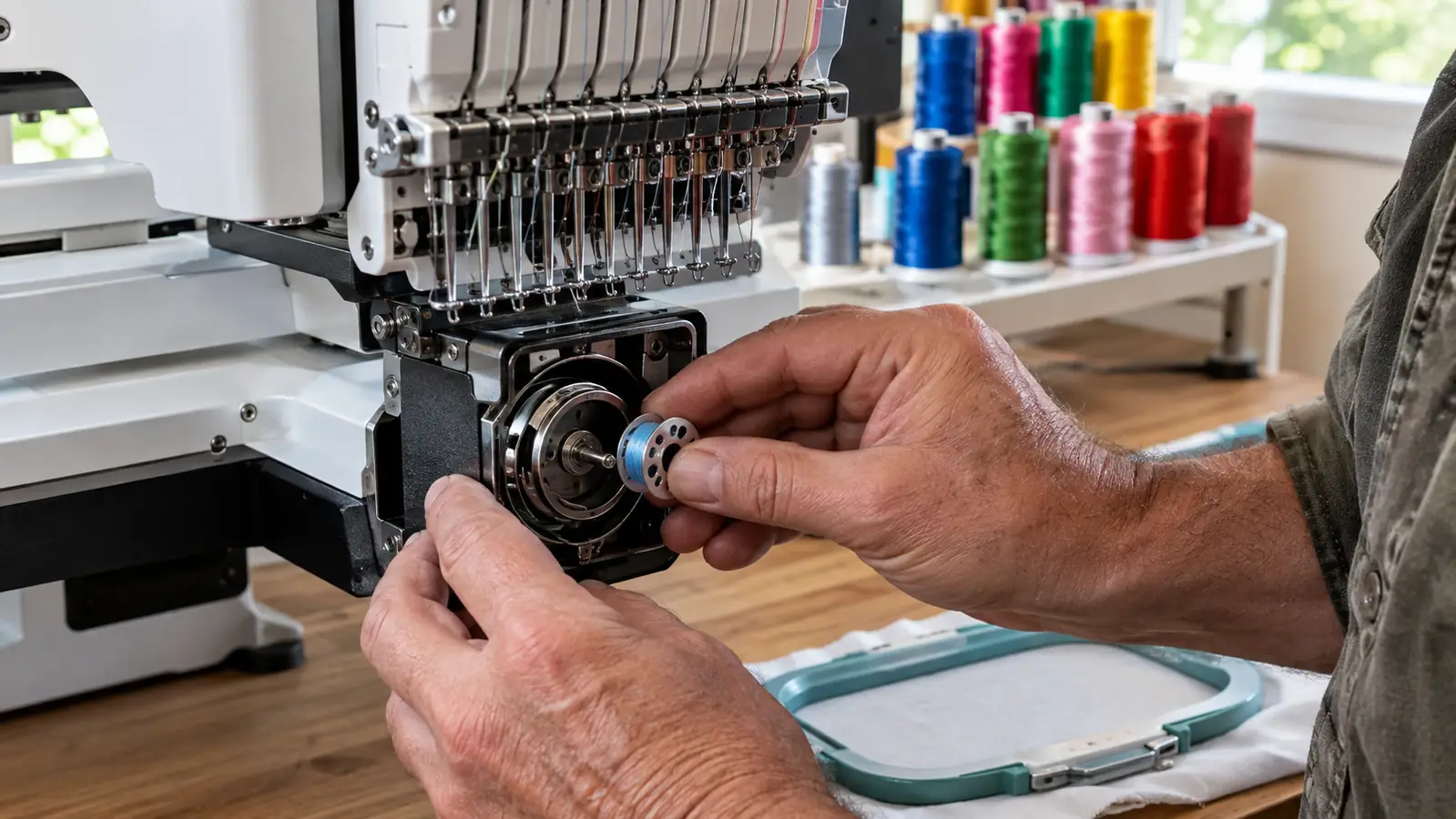 A hand loading a prewound bobbin into the lower hook area of an embroidery machine while thread spools wait nearby.