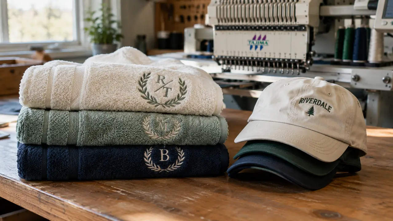 Finished embroidered towels and hats folded on a worktable near an embroidery machine.