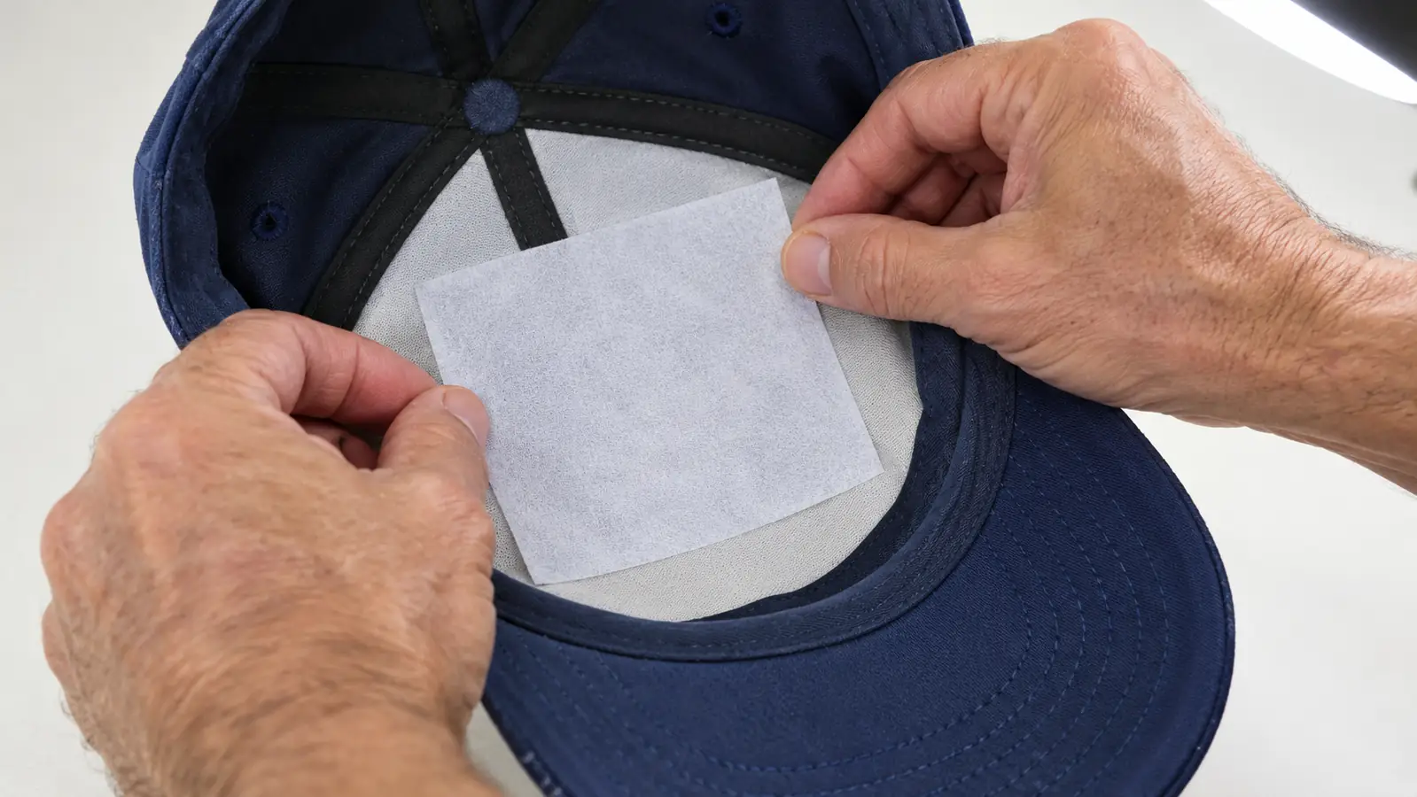 A hand placing a trimmed square of stabilizer against the inner front of a structured cap