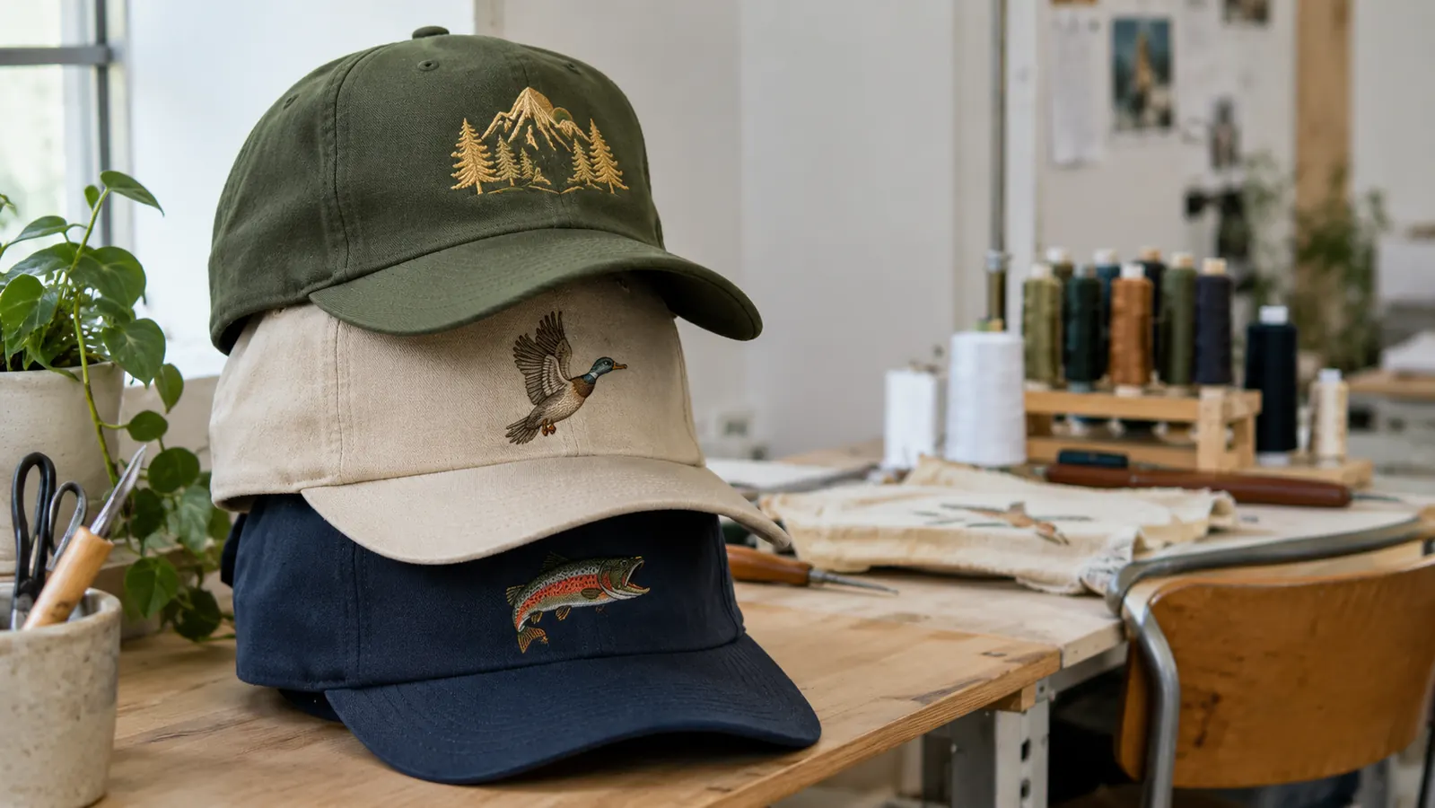 Finished embroidered structured caps sitting on a shelf beside a workstation