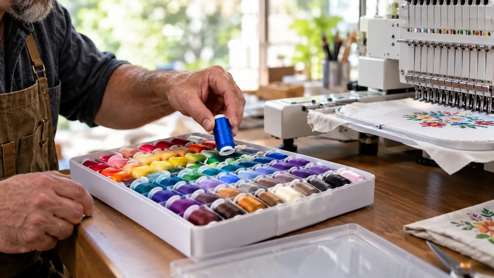 Close-up of embroidery thread spools from a 40-color thread kit arranged on a work table near a multi-needle embroidery machine