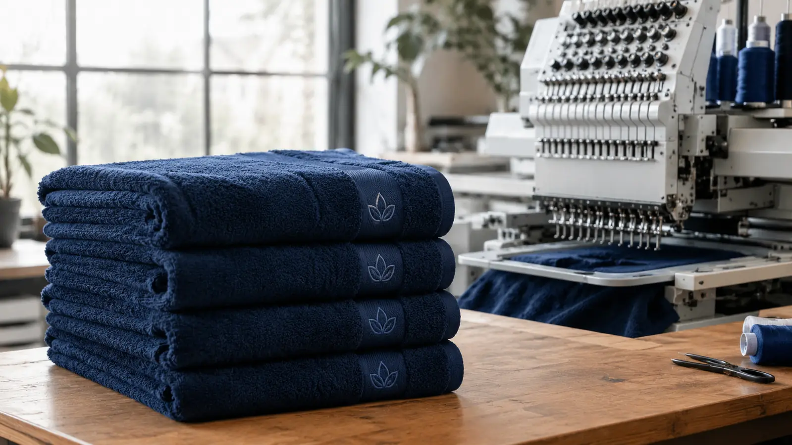 Neatly folded stack of finished towels in a solid team color with subtle embroidered logos beside an embroidery machine