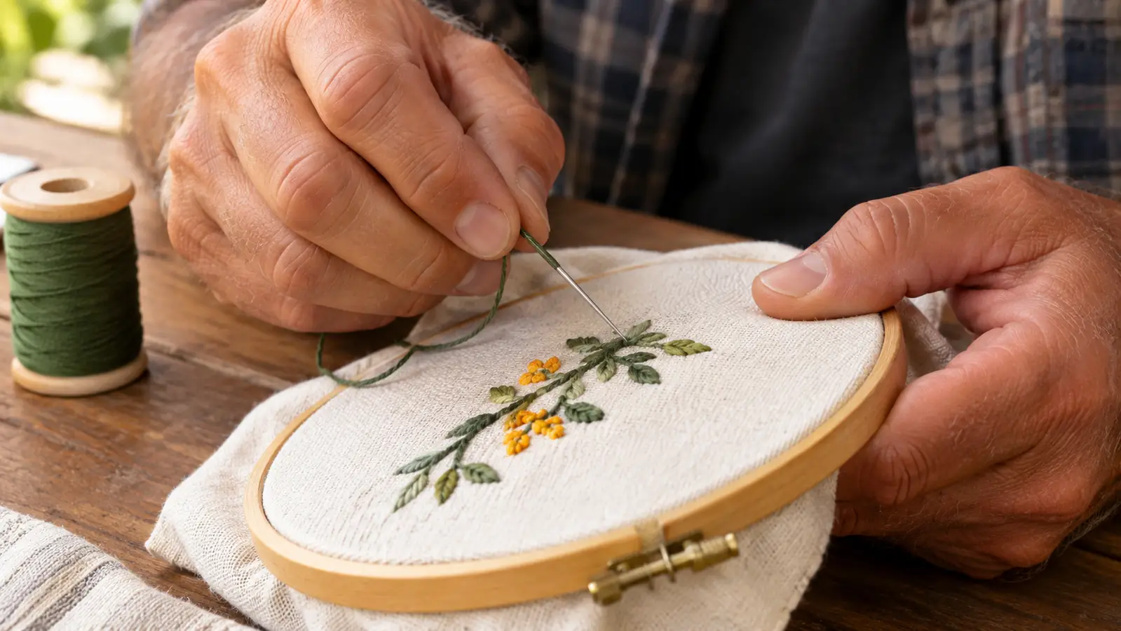 Close-up of embroidery thread running through the needle and into fabric in a hoop