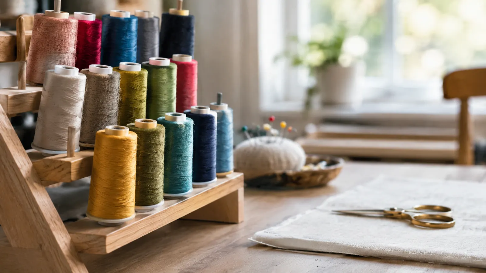 Thread stand holding several spools of embroidery thread near a work table