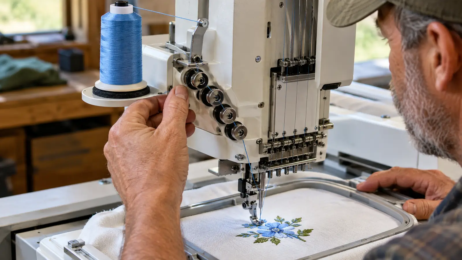 Thread spool on an embroidery machine pin with the thread path running down to the needle