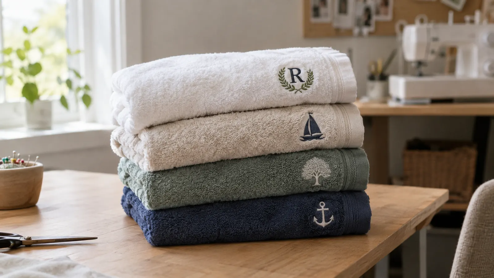 Stack of finished embroidered towels on a work table