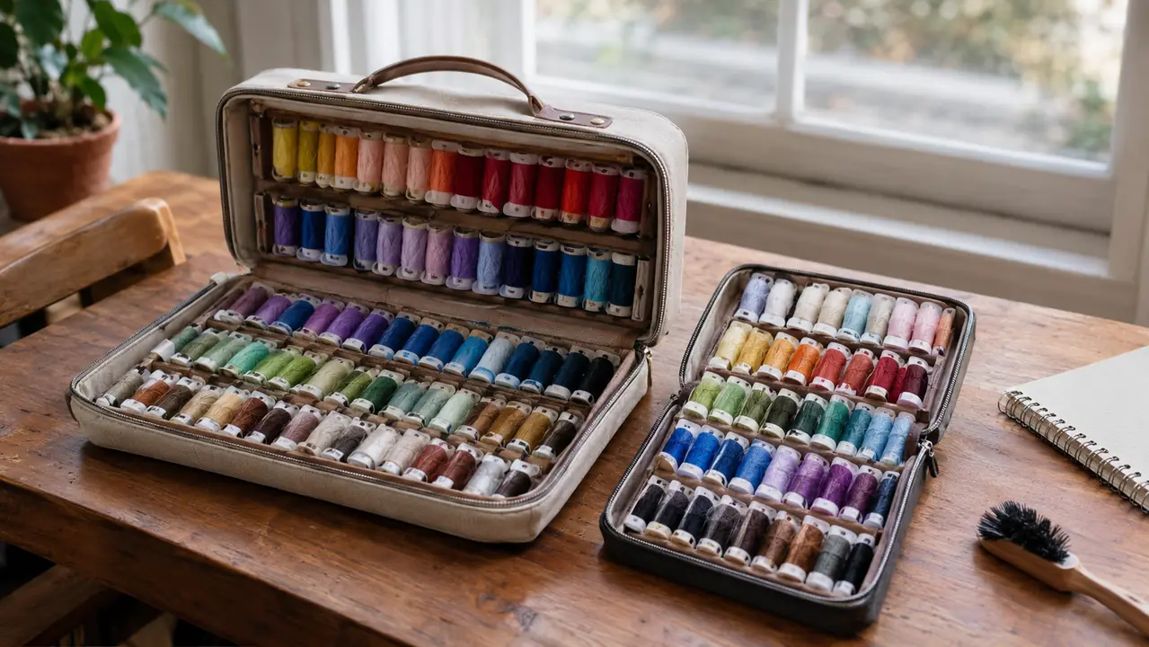 Two open storage cases of embroidery thread spools on a worktable beside a spiral notebook and a lint brush