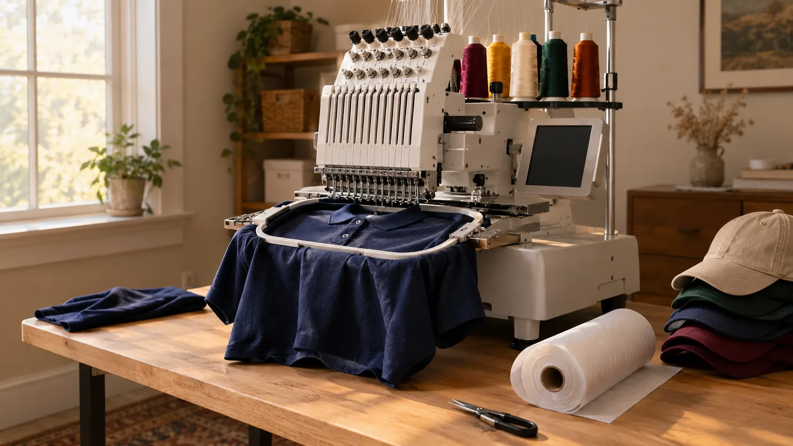 A home embroidery workspace with a multi-needle machine mid-run, cones of colored thread on a rolling stand and a hooped polo under the needles