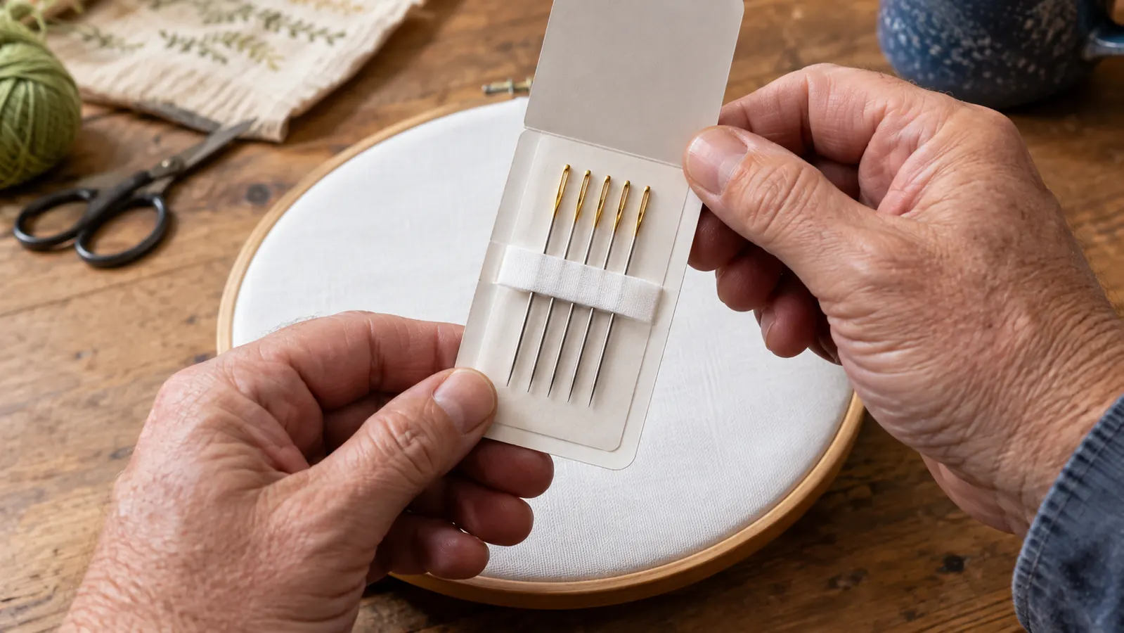 Hand holding a card of embroidery needles above a hooped piece of knit fabric