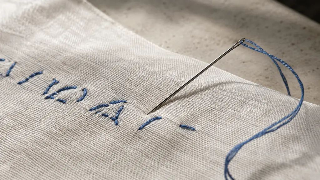 Embroidery needle on white fabric beside a row of skipped stitching