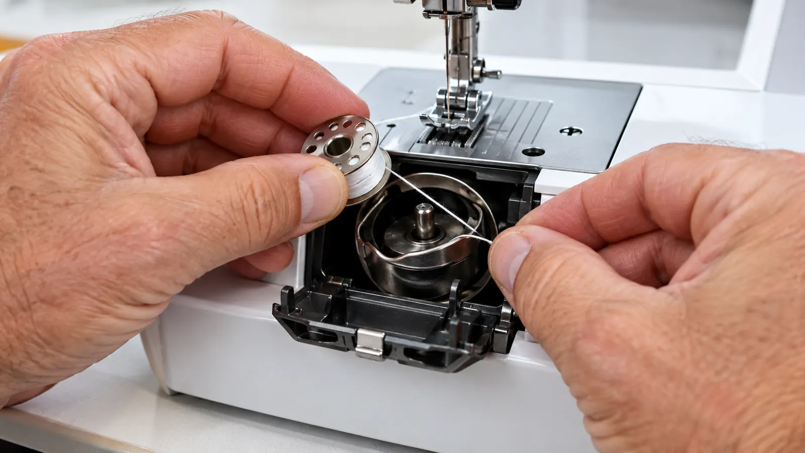 Hand loading a prewound bobbin into the bobbin case of an embroidery machine