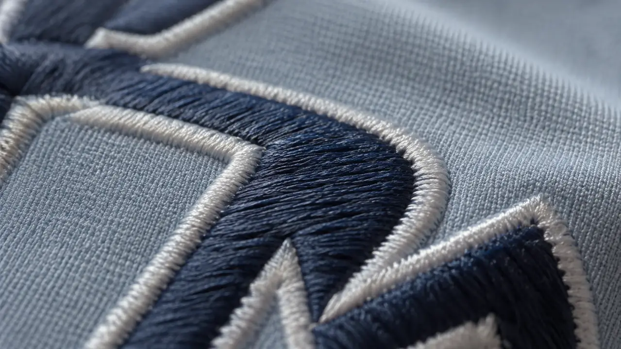 Close-up of embroidered satin lettering on light fabric with clean coverage, no thread showing through