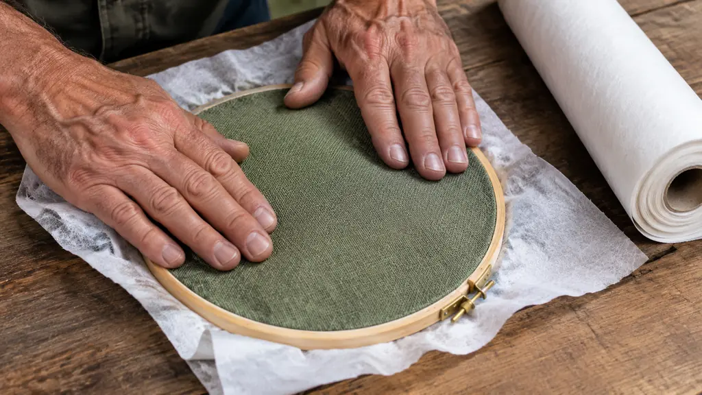 Hands smoothing woven fabric over tear-away stabilizer inside an embroidery hoop