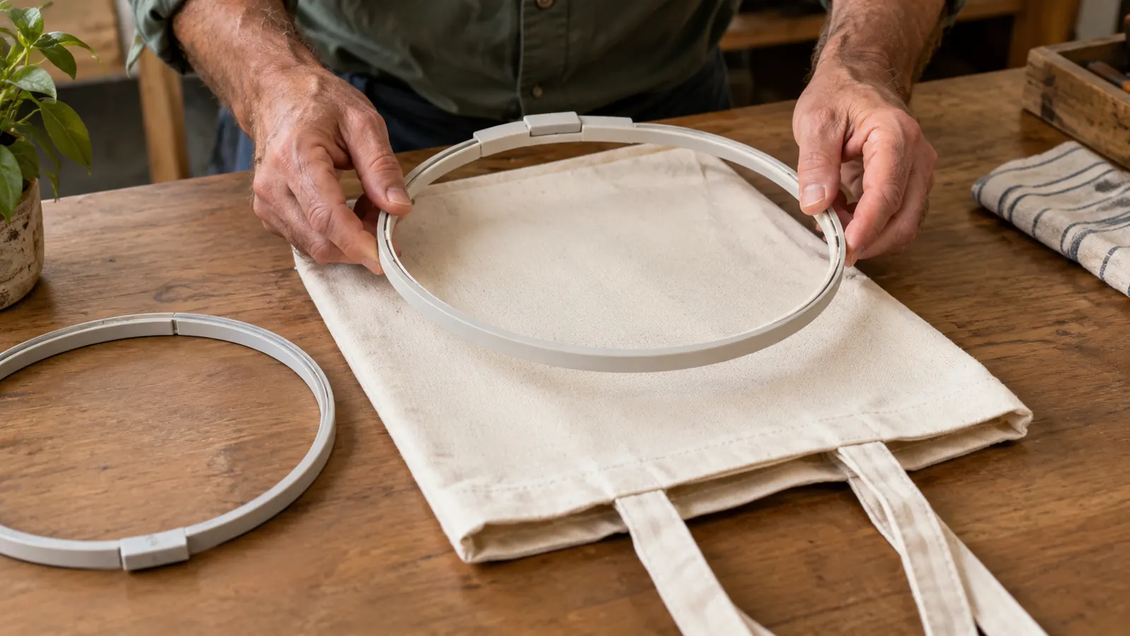 Hands lowering the top section of a magnetic embroidery hoop over a canvas bag