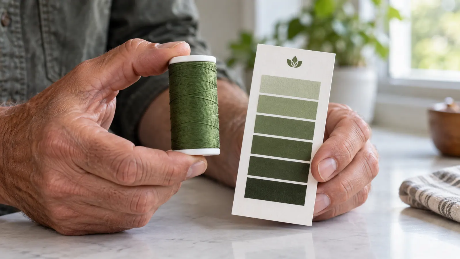 A hand holding a spool of polyester embroidery thread up to a paper printout with a small color logo, comparing shades in natural daylight.