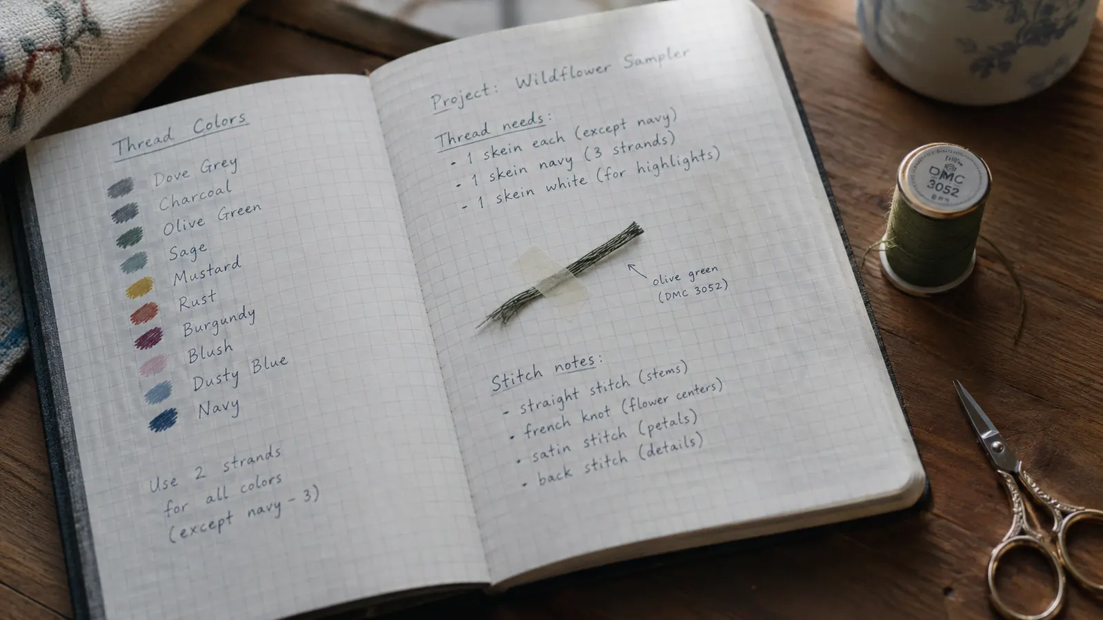 An open notebook page with handwritten notes and a short piece of thread taped beside a spool of embroidery thread, with small scissors nearby.