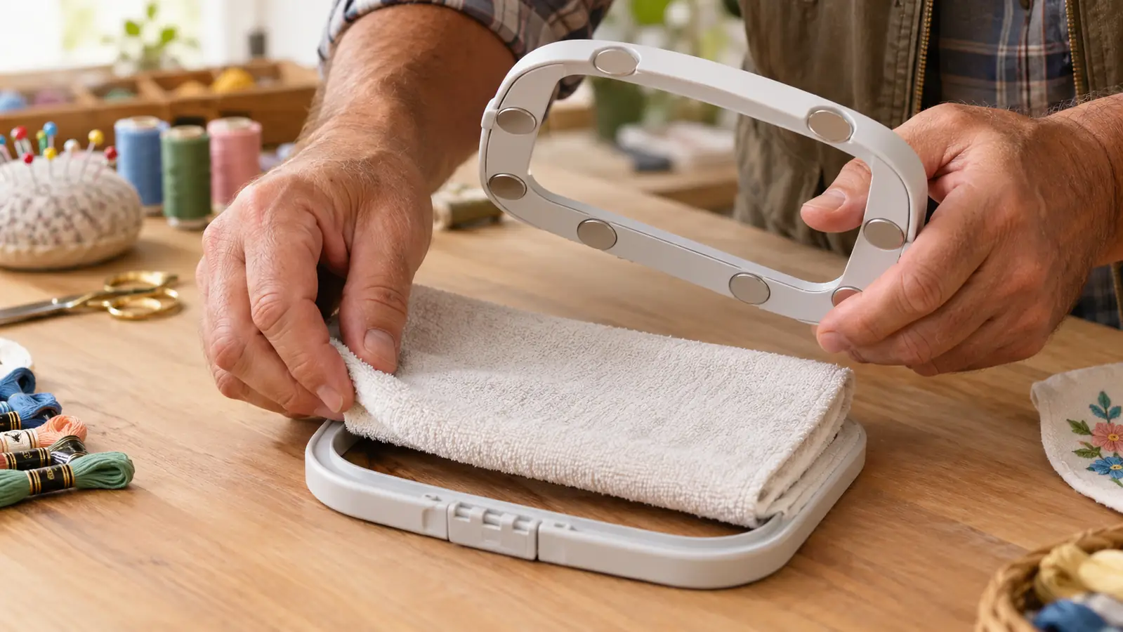 Hands fitting a towel into a magnetic embroidery hoop on a work table
