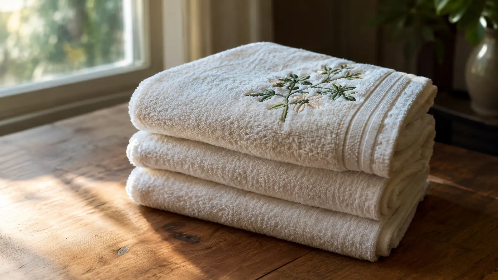 A neat stack of folded embroidered towels on a table by a window