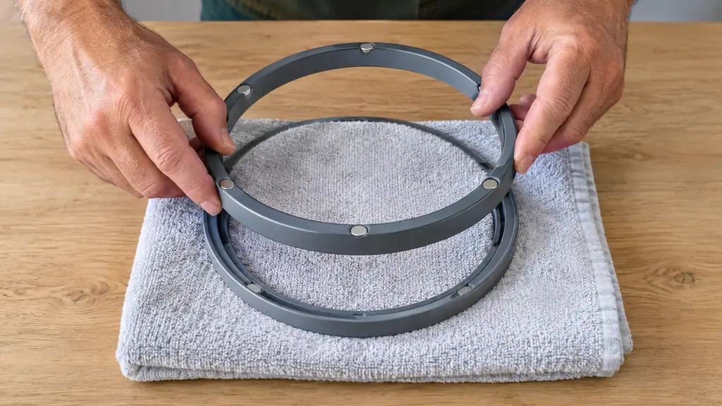 Hands placing the round magnetic top ring of the Sew Tech hoop onto the bottom ring, with a folded towel smoothed between them on a work table