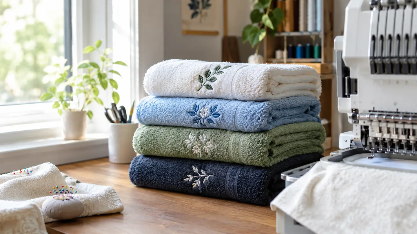 Stack of finished embroidered towels on a table beside an embroidery machine in a small sewing room