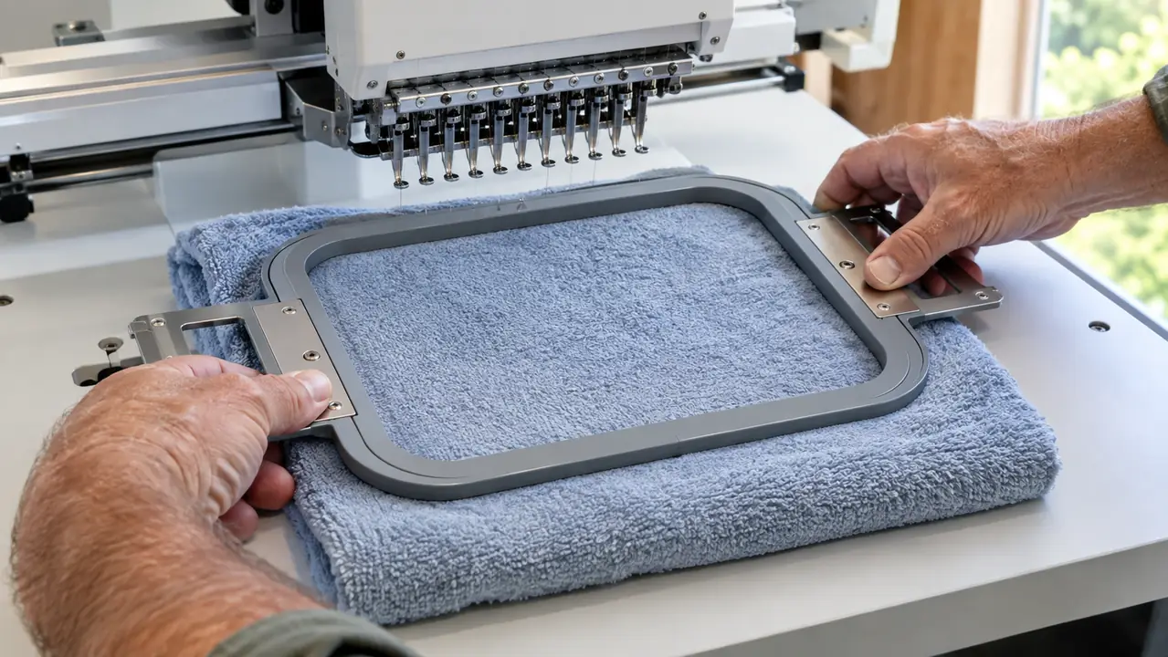 Hands smoothing a folded towel under a magnetic hoop on an embroidery machine bed