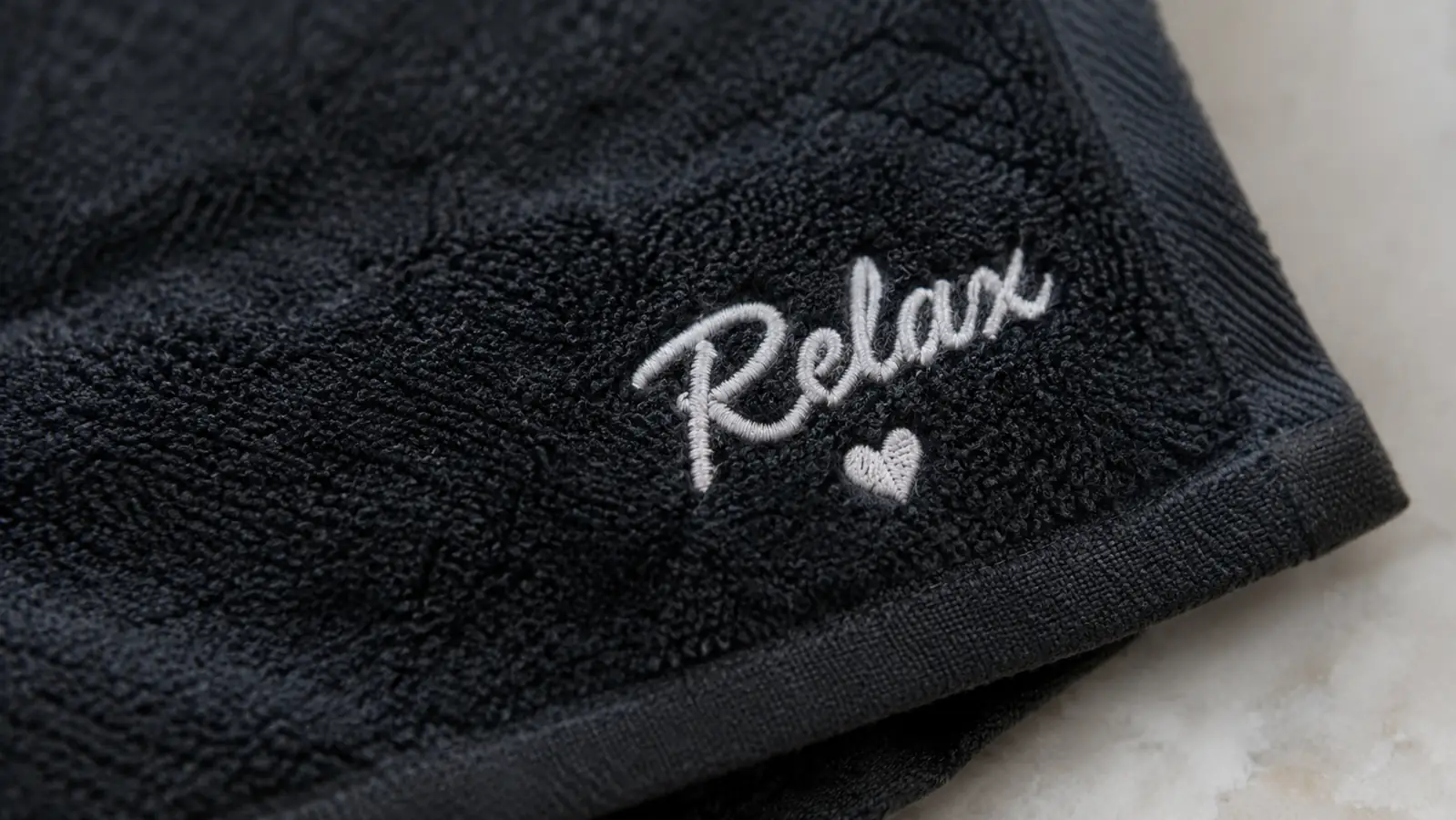 Close-up of clean white embroidery stitches on the corner of a dark towel, showing even registration