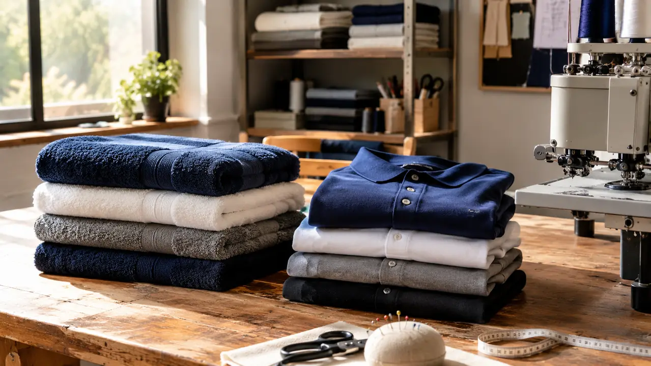 A folded stack of white towels and cotton polo shirts waiting beside an embroidery machine in a home workshop