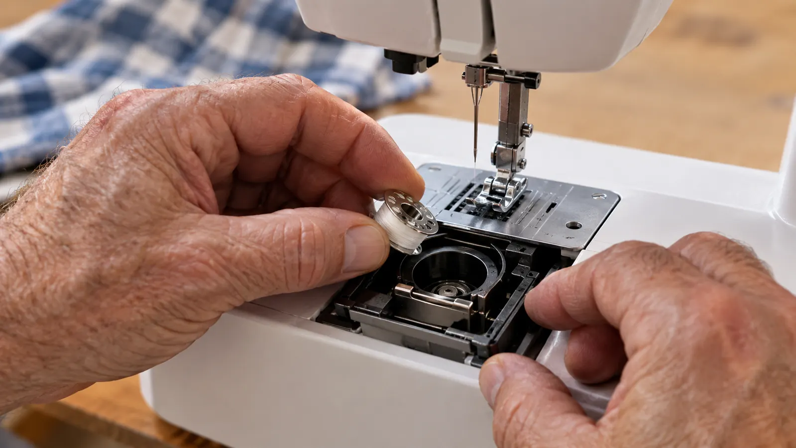 A hand placing a prewound bobbin into the bobbin case of an embroidery machine