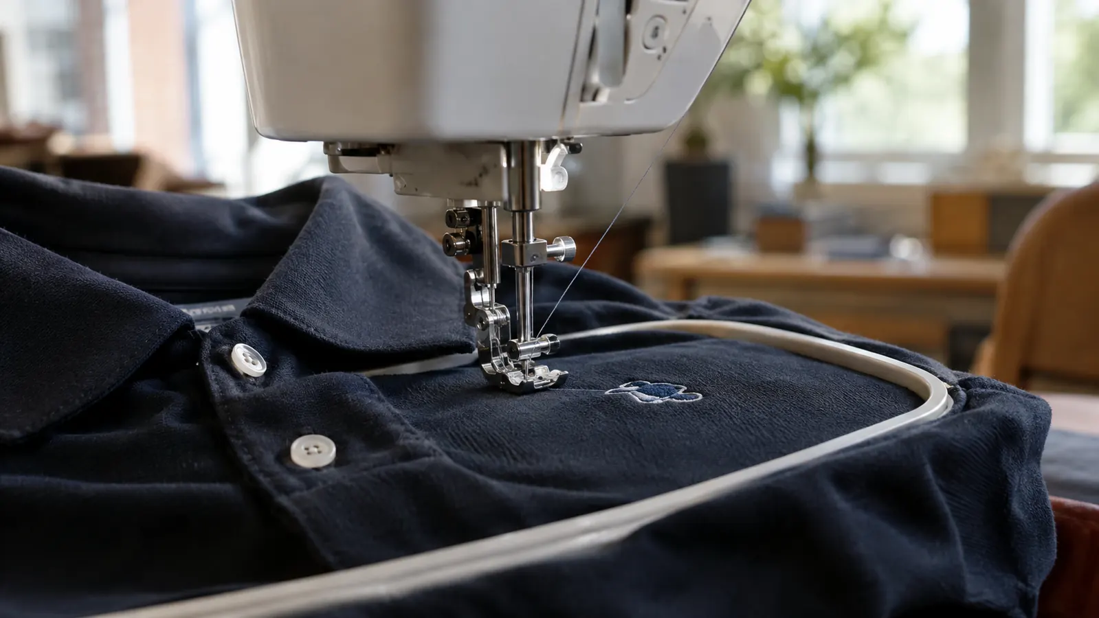 Close view of an embroidery needle stitching a left-chest design onto a dark folded polo at the machine