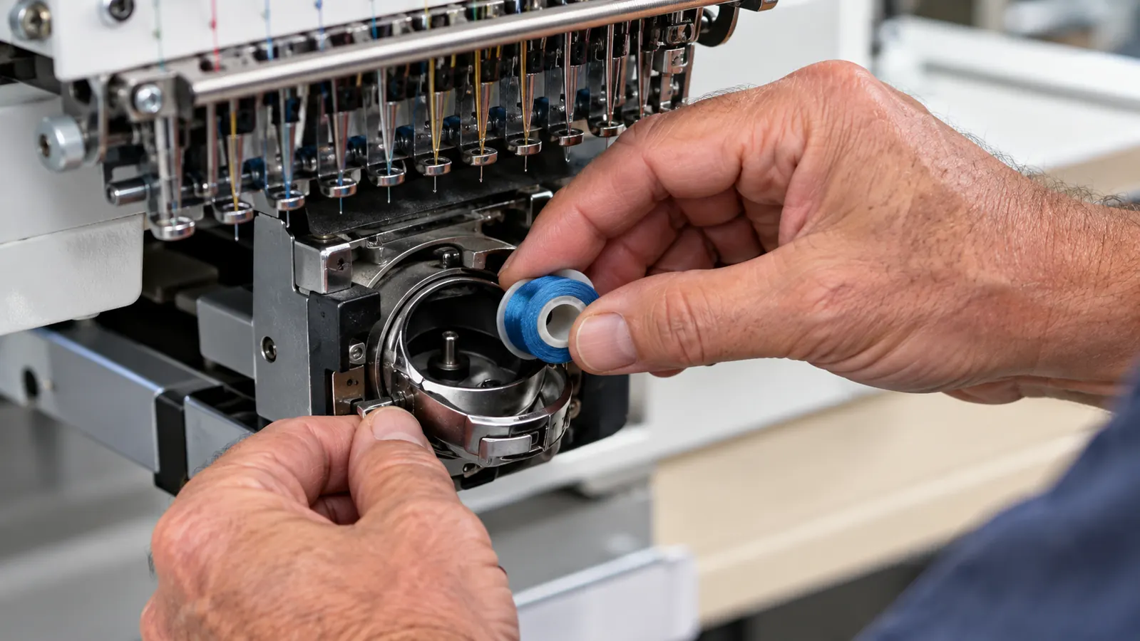 Close-up of a prewound bobbin being placed into the bobbin case of an embroidery machine, the thread winding evenly with no loose tails