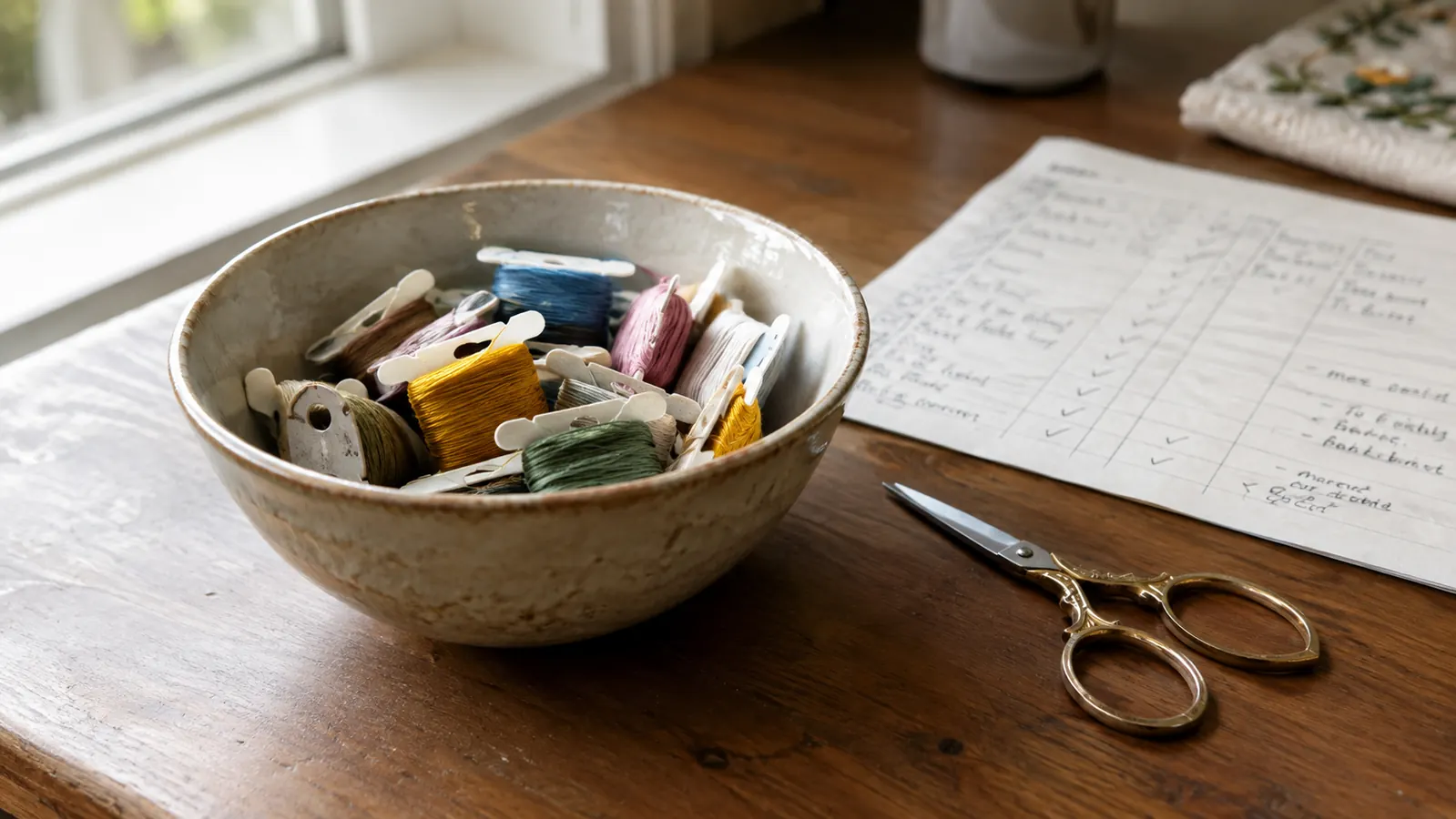 A small bowl of discarded test bobbins with varying amounts of thread left on them, next to a tally sheet with handwritten notes