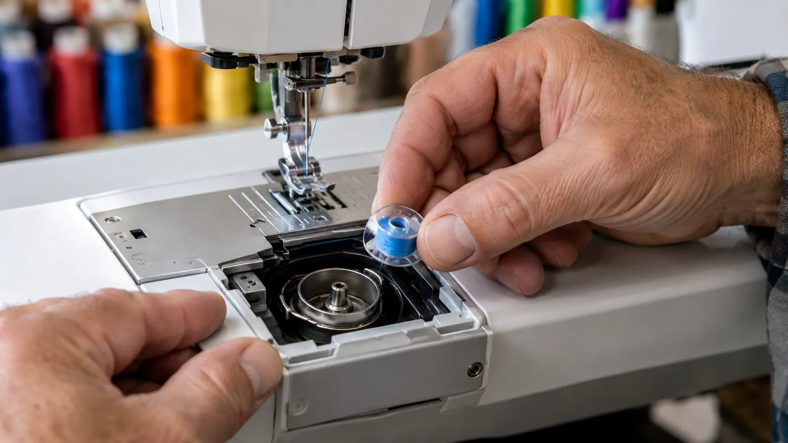 Hand placing a prewound bobbin into the bobbin case of an embroidery machine