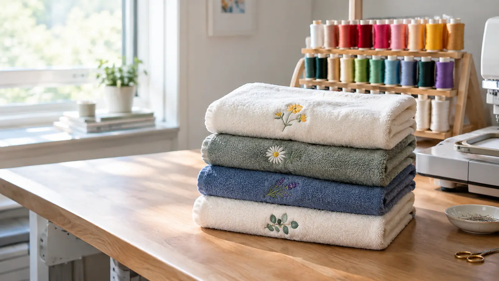 Finished embroidered towels folded in a neat stack on a work table near thread spools