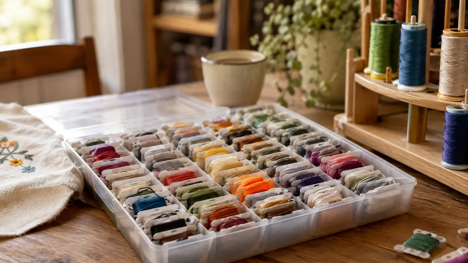 An organizer tray filled with stacked embroidery bobbins on a work table next to a thread stand