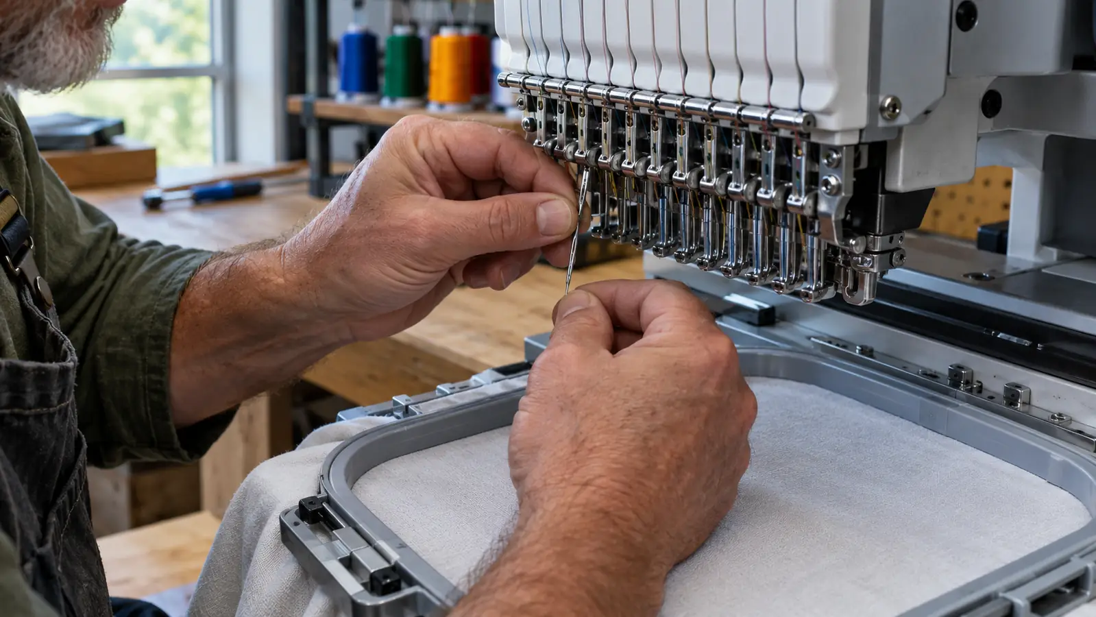Close-up of hands inserting a fresh needle into an embroidery machine, fabric hooped in the foreground