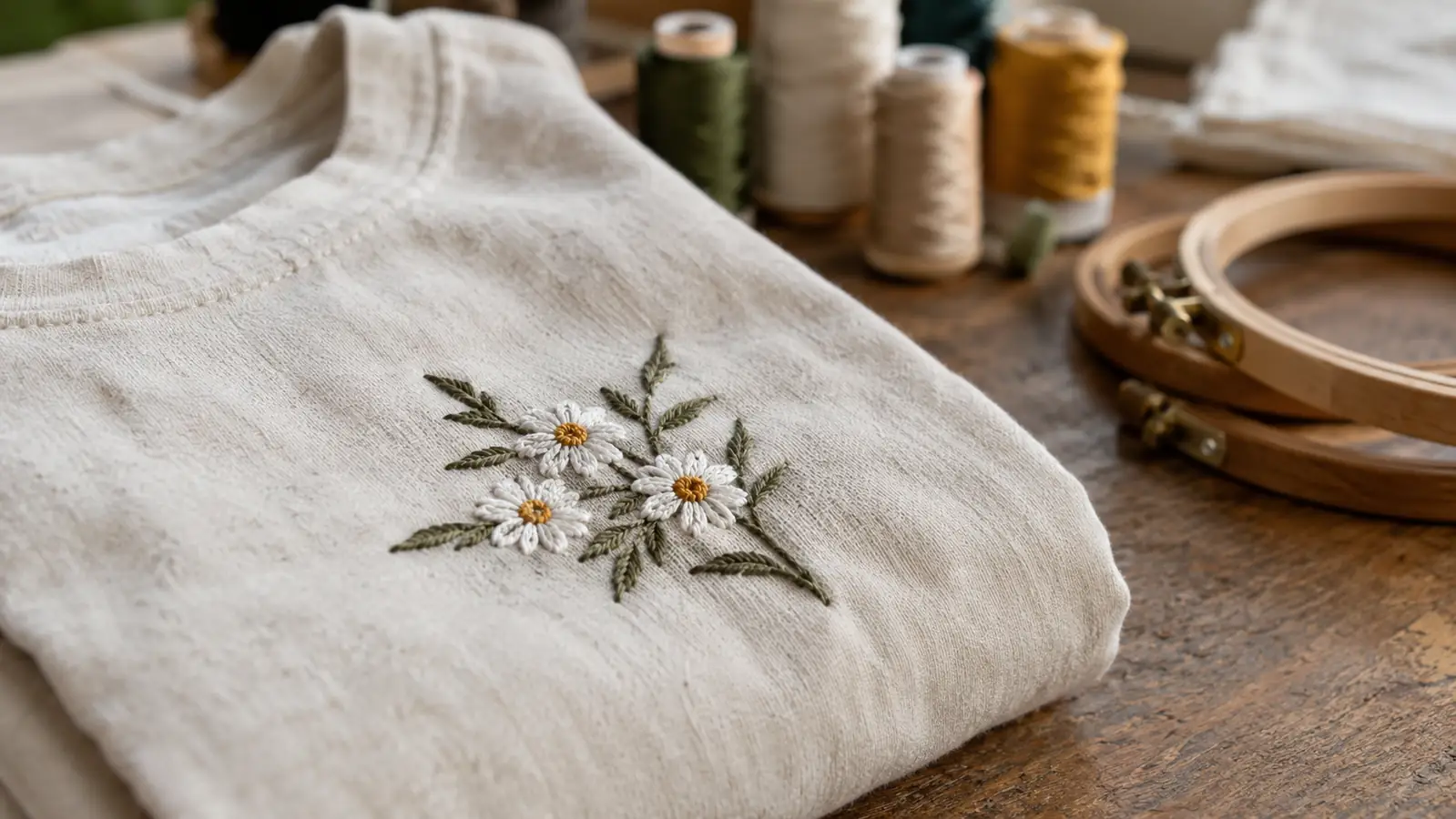 Close-up of embroidered stitching on a folded work shirt lying on a workspace table, thread spools softly blurred behind