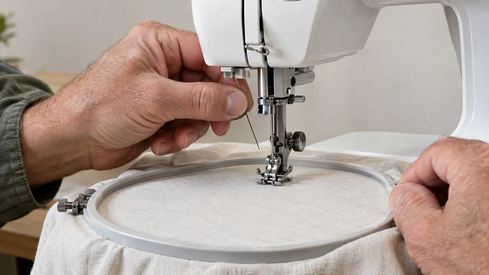 Hand installing a needle in an embroidery machine above a hooped white fabric