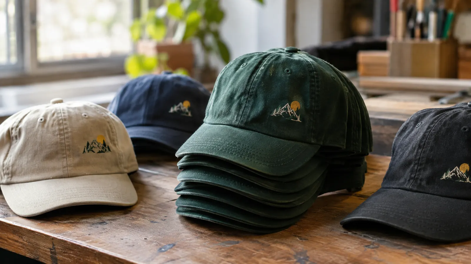 Stack of finished embroidered caps on a worktable in a home sewing room