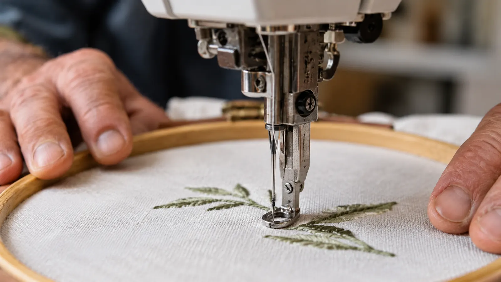 Close-up of an embroidery needle installed in a machine above white fabric stretched in a hoop