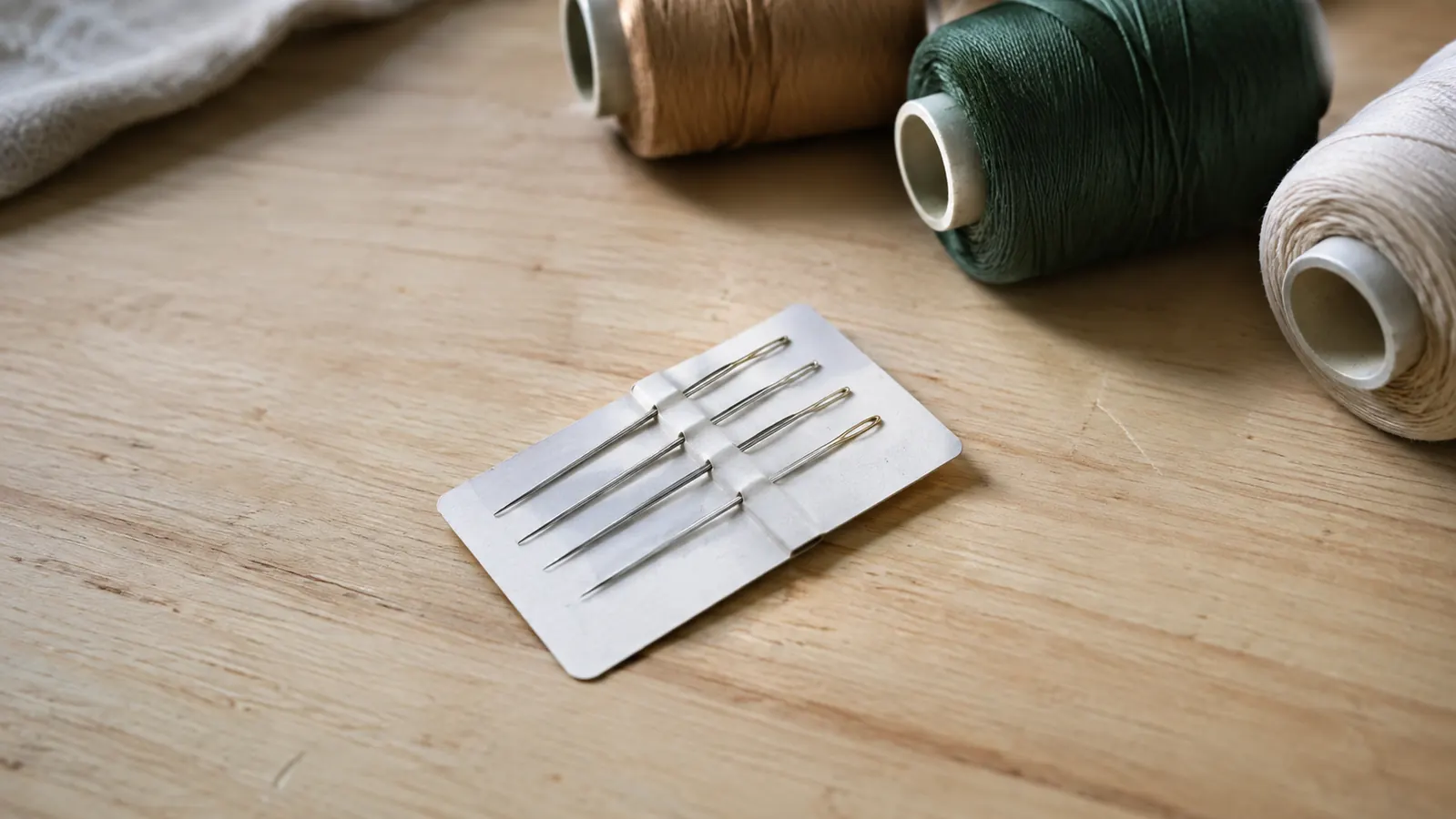 A card of embroidery needles lying on a work table beside thread spools