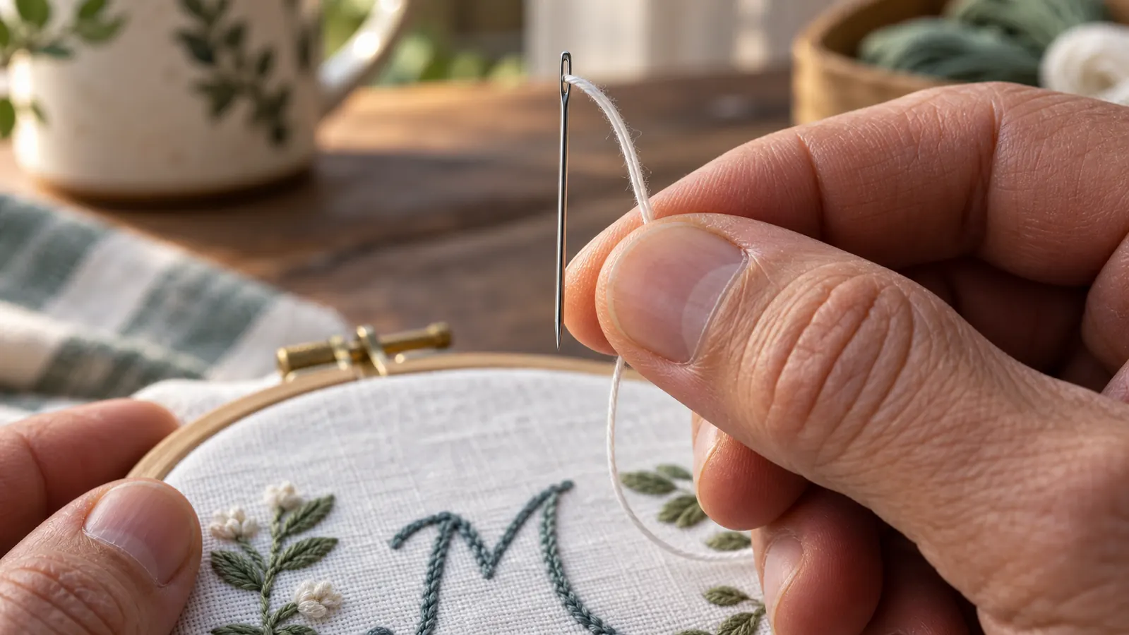 Hand holding a sewing needle above an embroidery hoop on white fabric