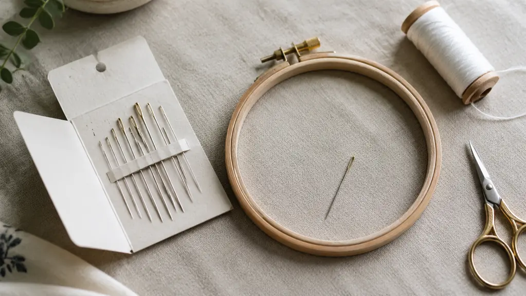 Open needle card on a worktable beside an embroidery hoop and a spool of white thread