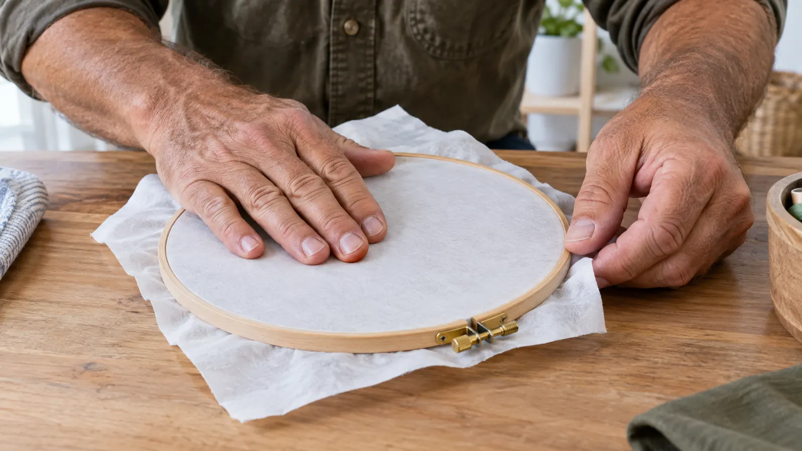Close-up of a hand smoothing an embroidery hoop over a cut piece of tear-away stabilizer