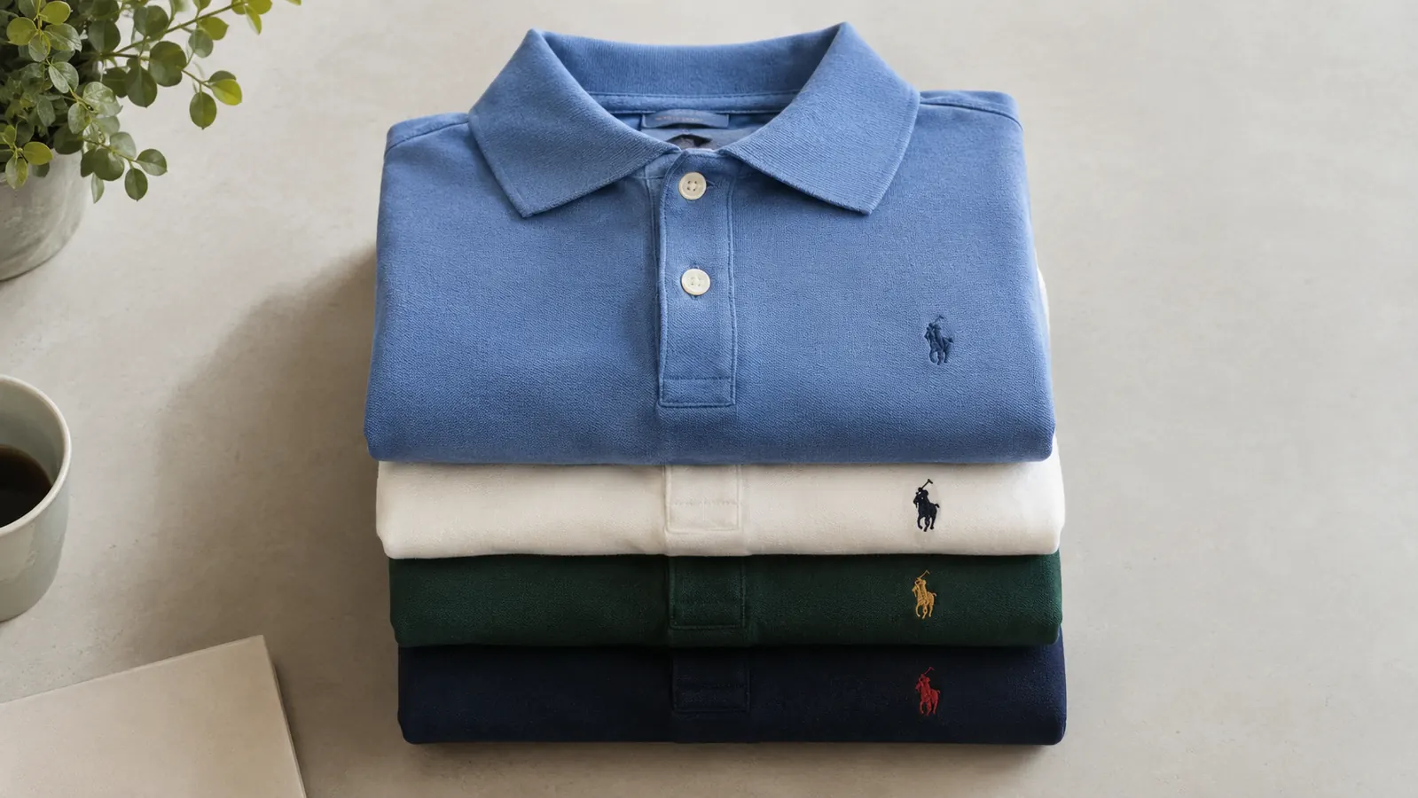Stack of folded embroidered polos with clean chest emblems on a work table